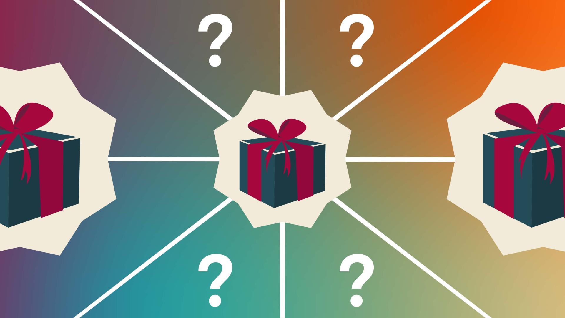 Colorful graphic with question marks and gift boxes