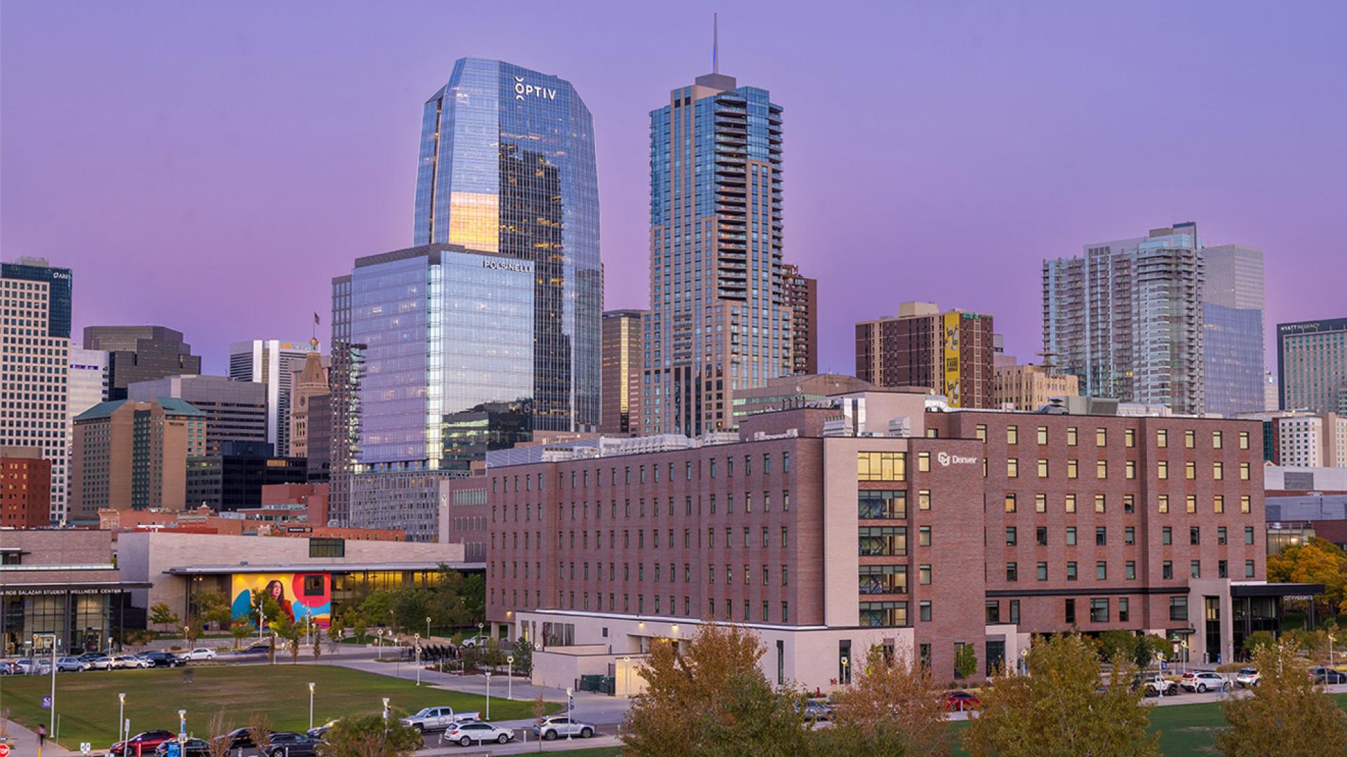 Downtown Denver with purple sky at sunset