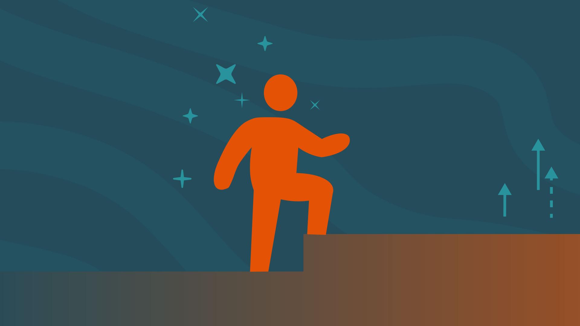 Graphic of person ascending stairs toward a star