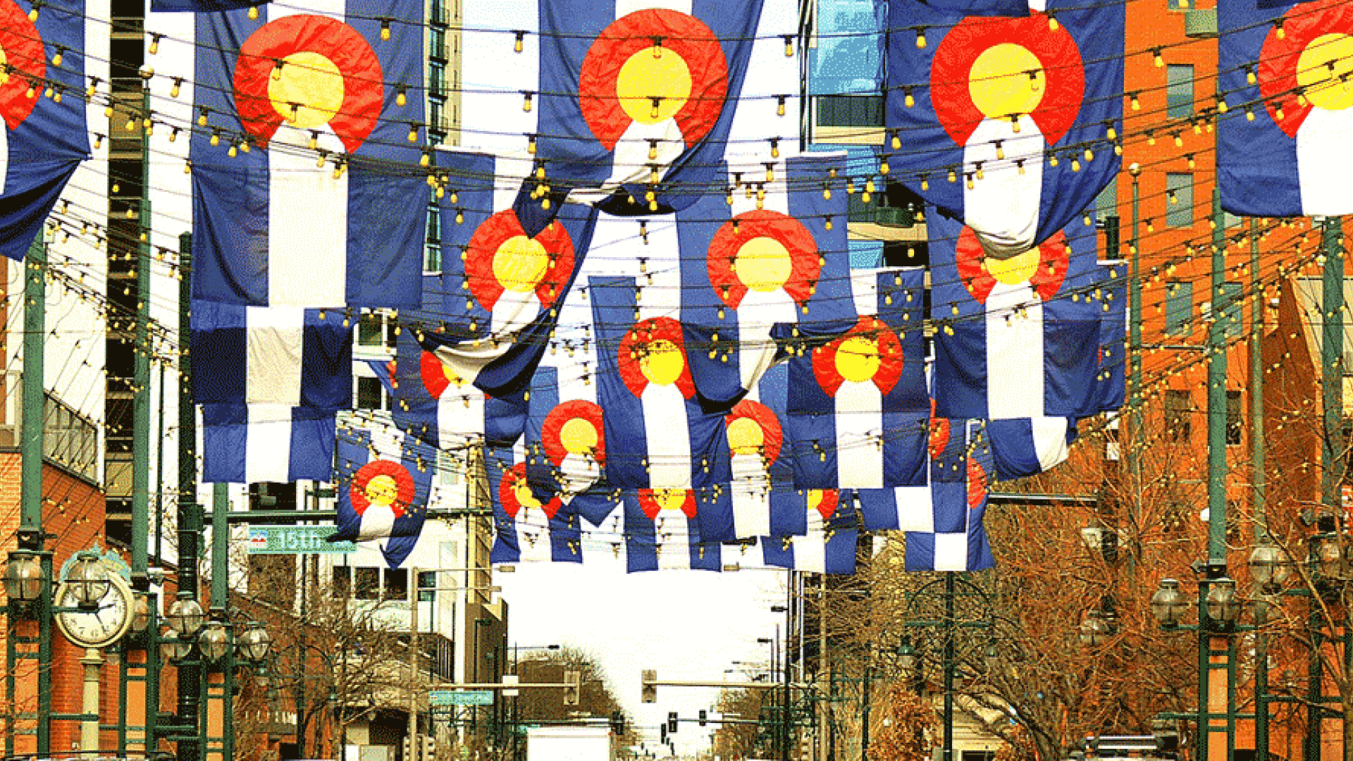 Colorado flags in downtown Denver