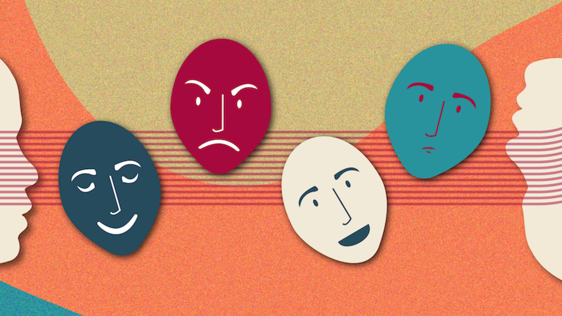 Graphic of two head silhouettes with emotions floating between them.