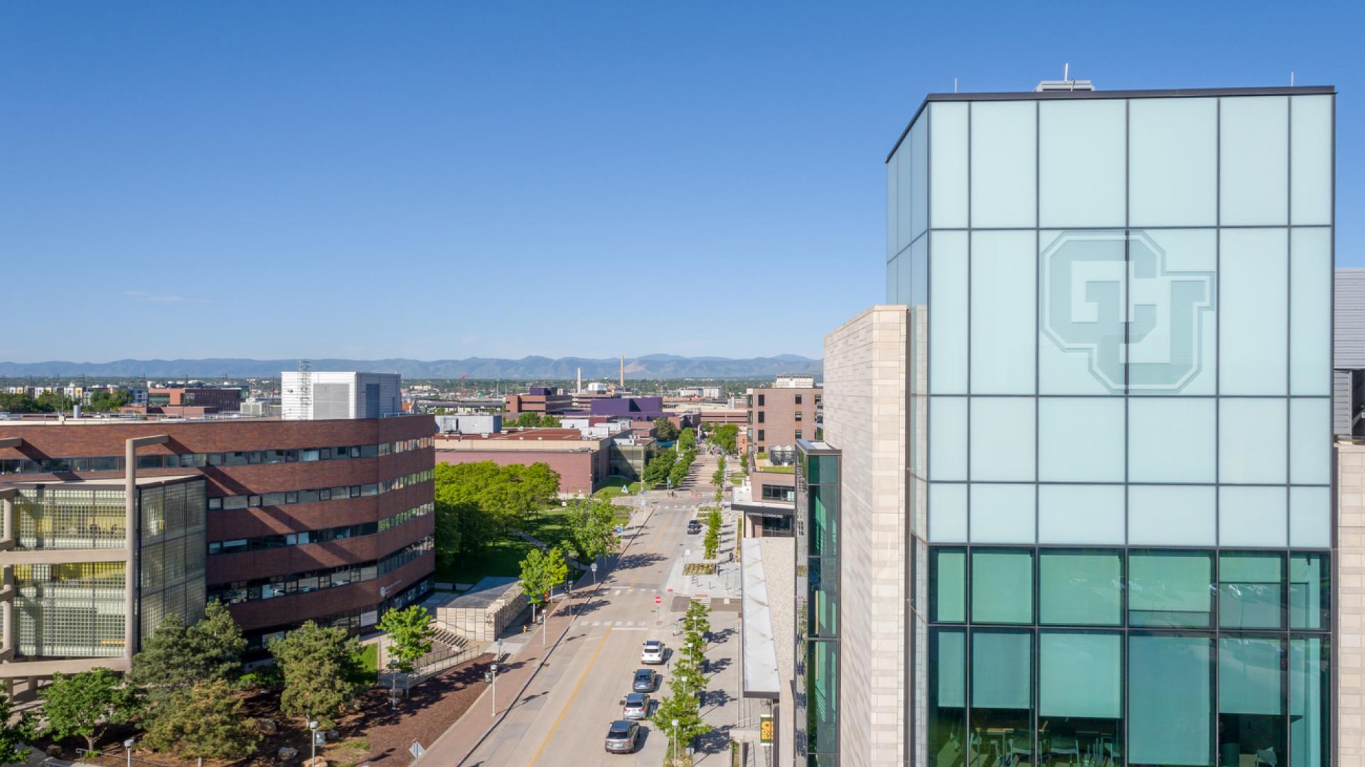 CU Denver aerial shot of Student Commons Building and North Classroom
