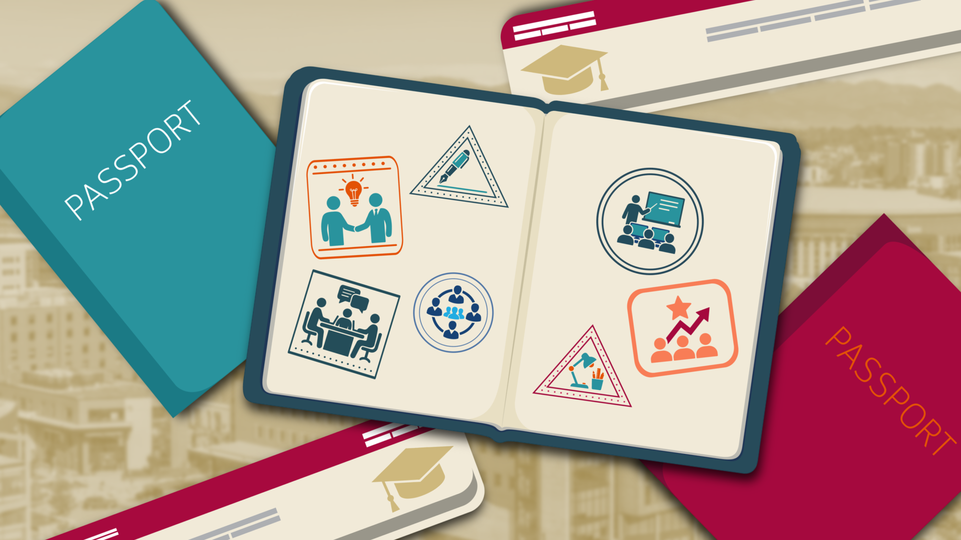 Graphic of passports and ticket icons in front of a photo of Auraria Campus
