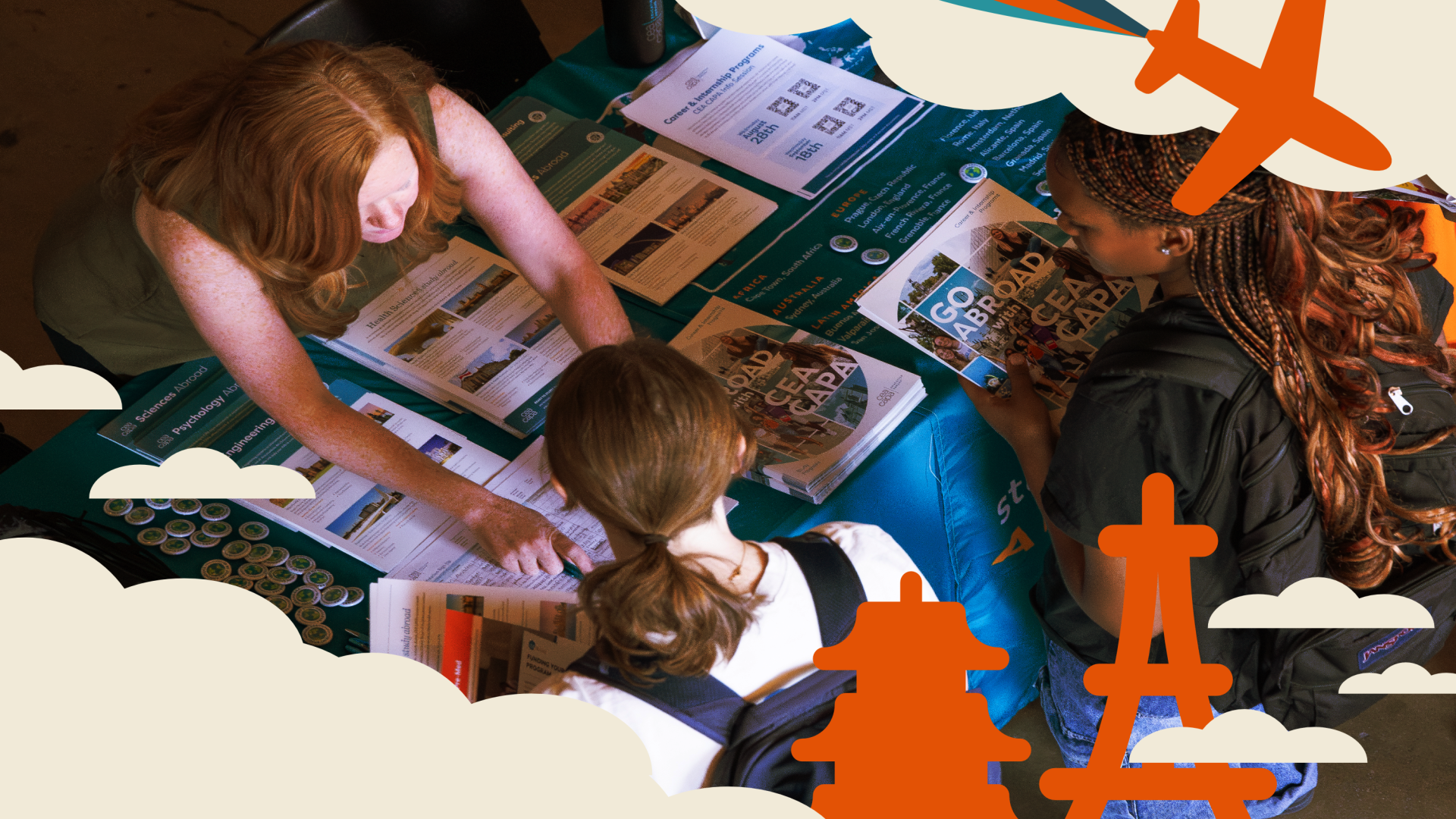 Photo of students at the Study Abroad Fair with a graphic overlay of clouds, landmarks, and an airplane.