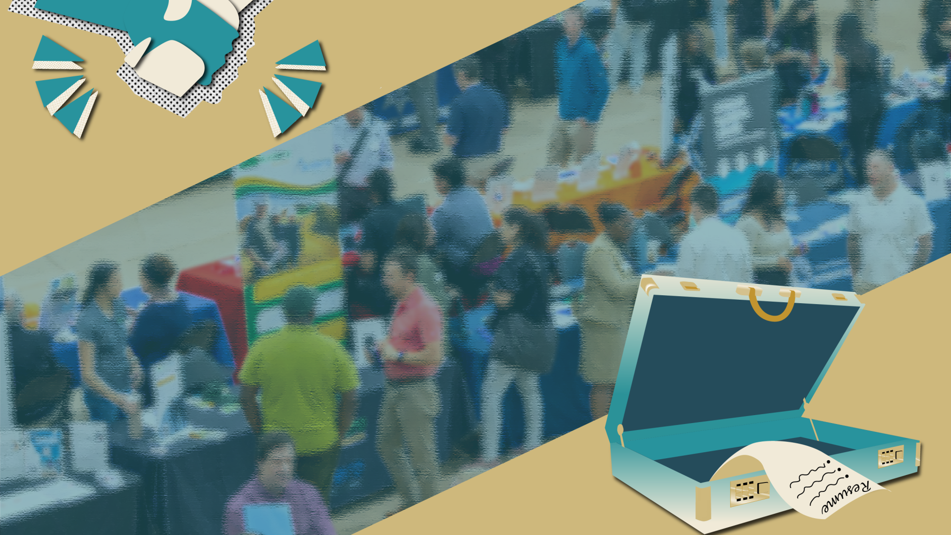Image of the Internship & Job Fair with graphics of a handshake and a briefcase with a resume inside