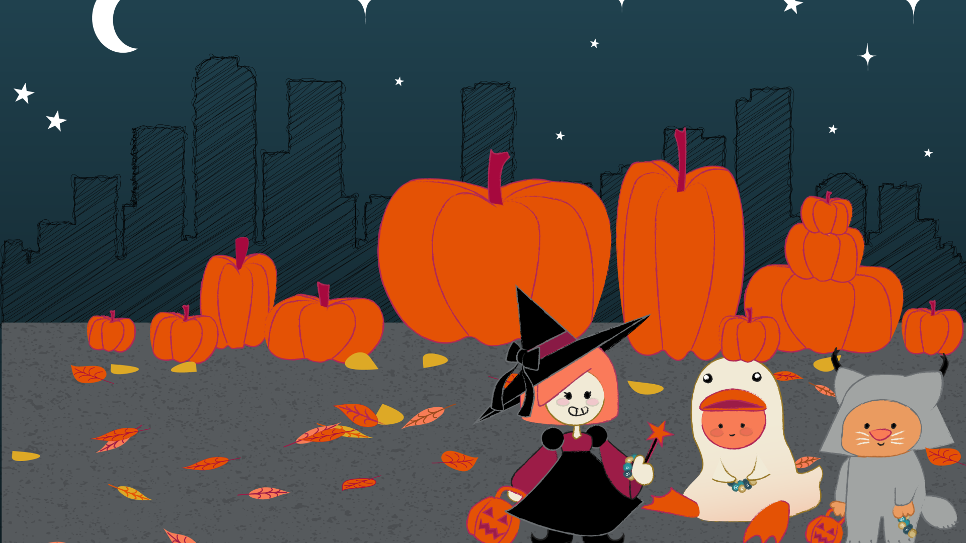 Graphic of people in Halloween costumes in front of a pumpkin patch and city skyline