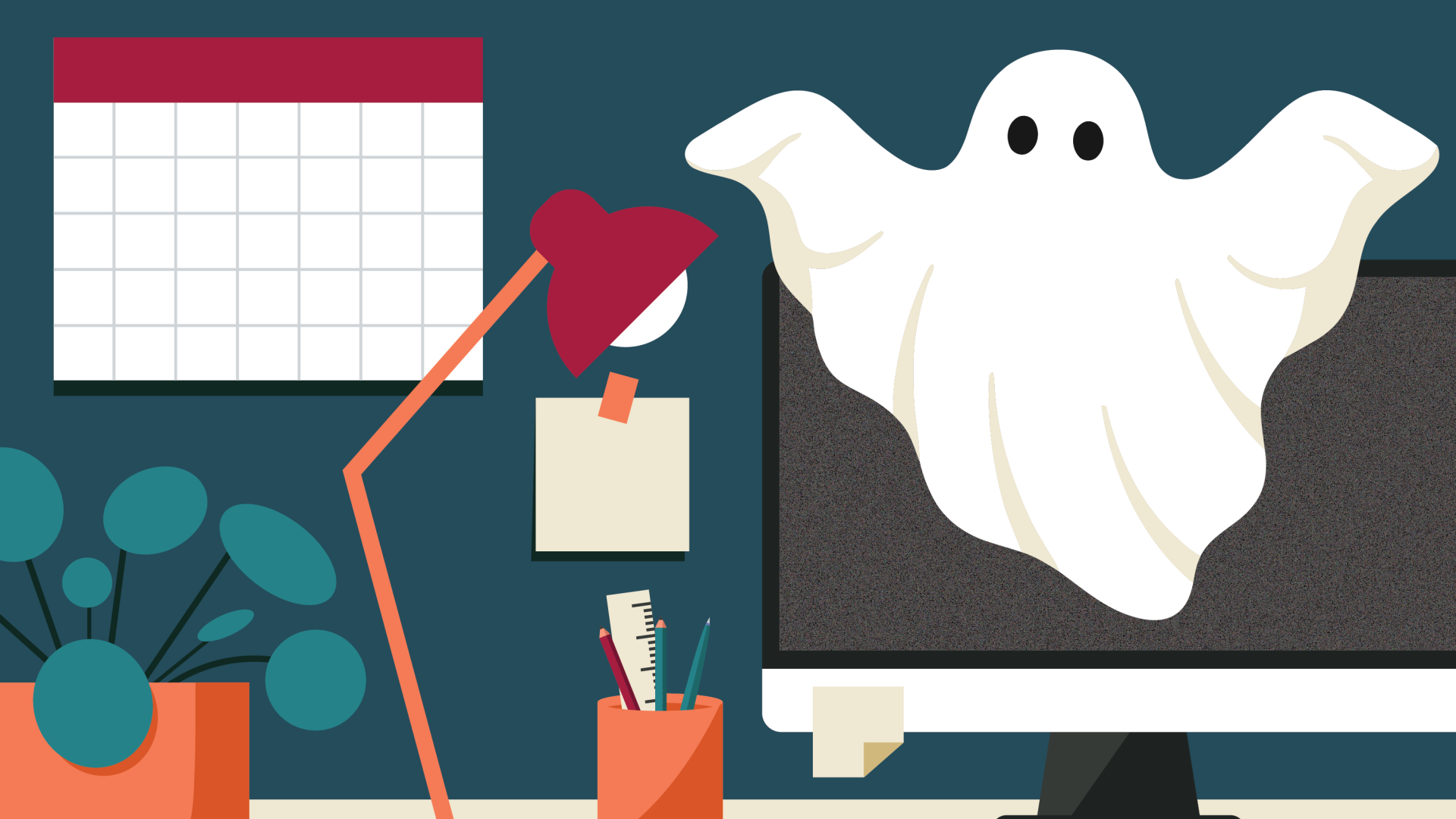 Graphic of a ghost floating in front of a computer screen above a desk