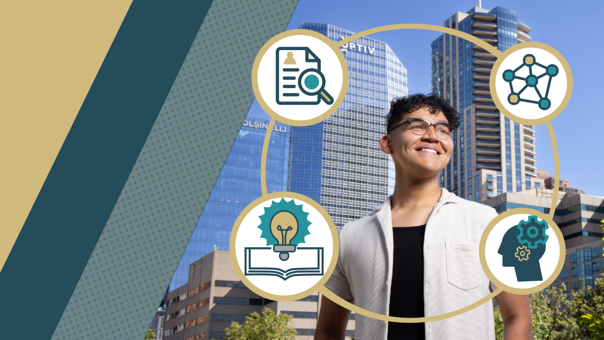Photo of student with Denver building in background and icon graphics in foreground