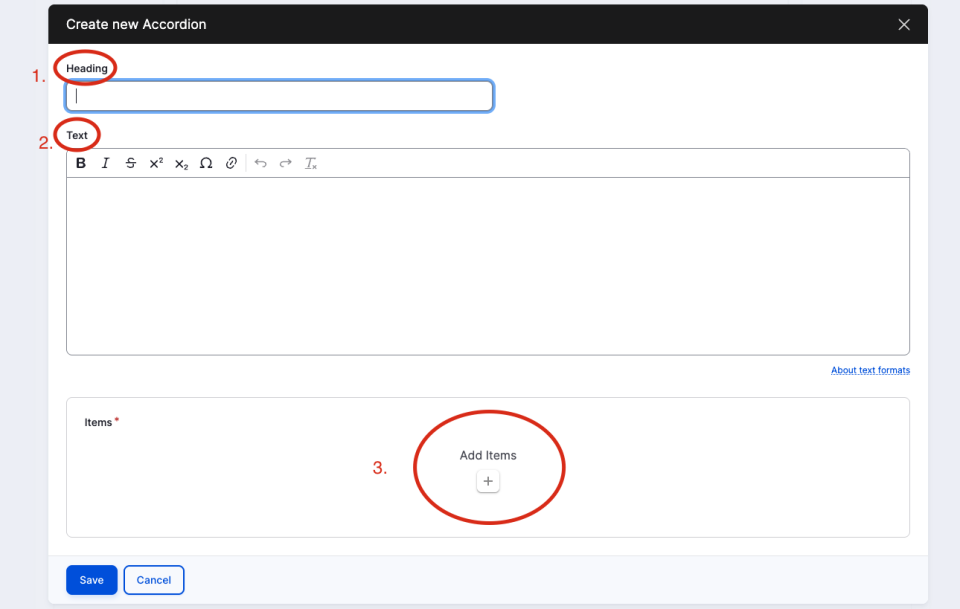 Screenshot of accordion component highlighting first three steps: add a heading to the component, add text to introduce accordions, then add accordion item