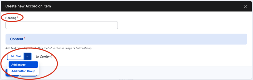 Accordion component item modal highlighting where to edit the heading and add content to the accordion item