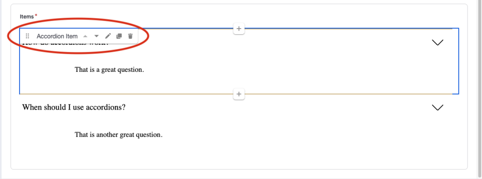 An accordion item with the accordion item settings displayed showing how to select and drag and drop or to manually move with up and down arrows.