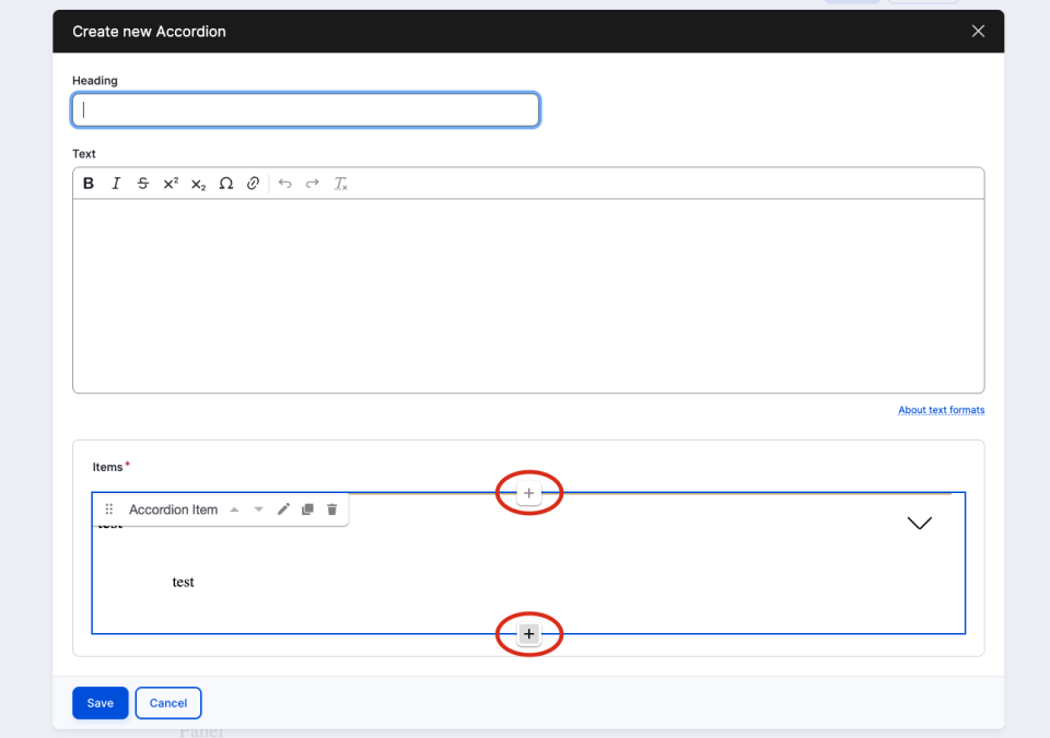 Accordion component with circles highlighting how to add a new accordion item to the accordion component