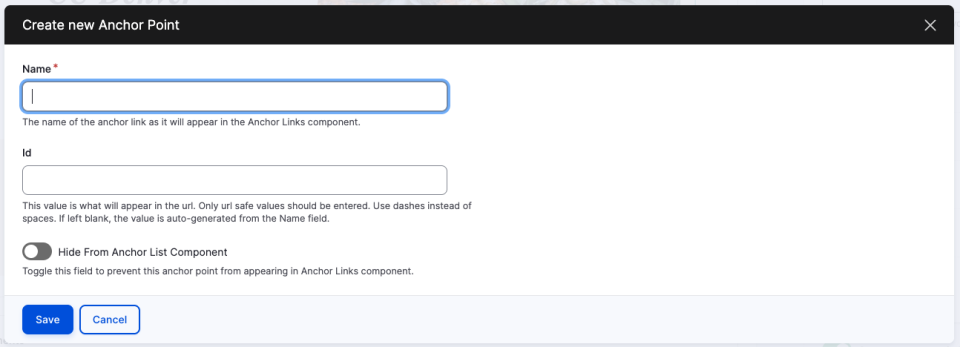 Screenshot of modal to add an Anchor Point showing the Name and ID field