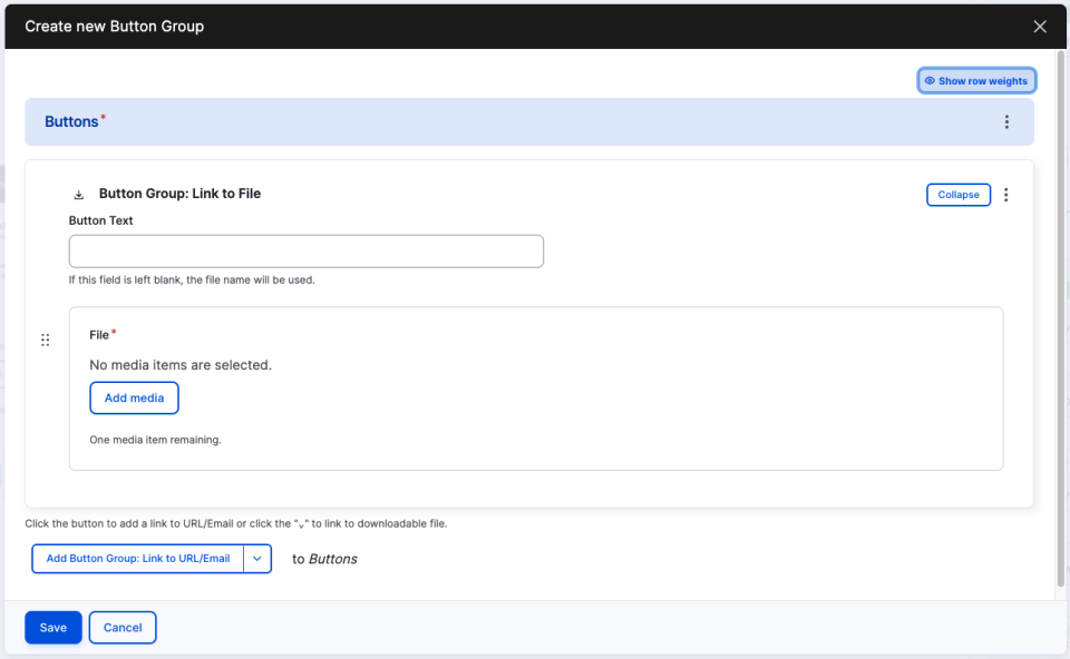 Screenshot of adding a button to link to a downloadable file to a button group