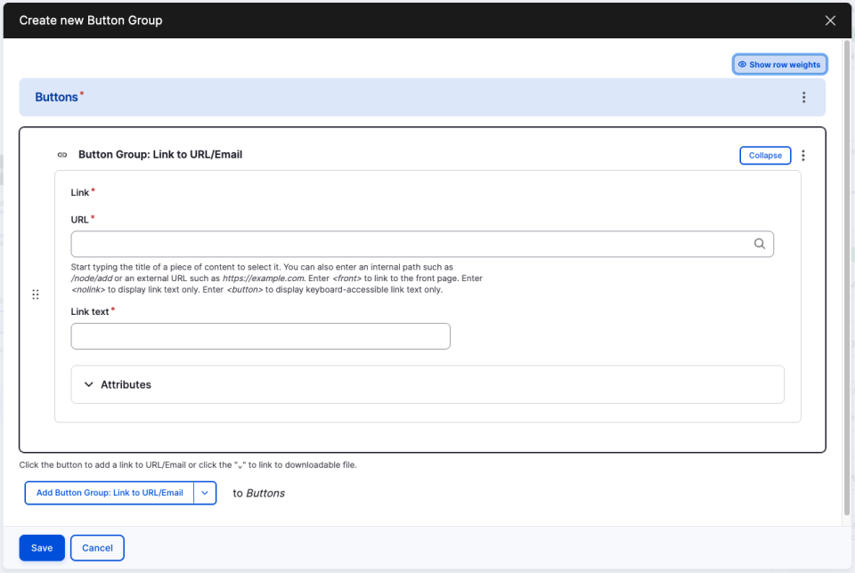 Screenshot of screen to add a button to the button group that links to URL