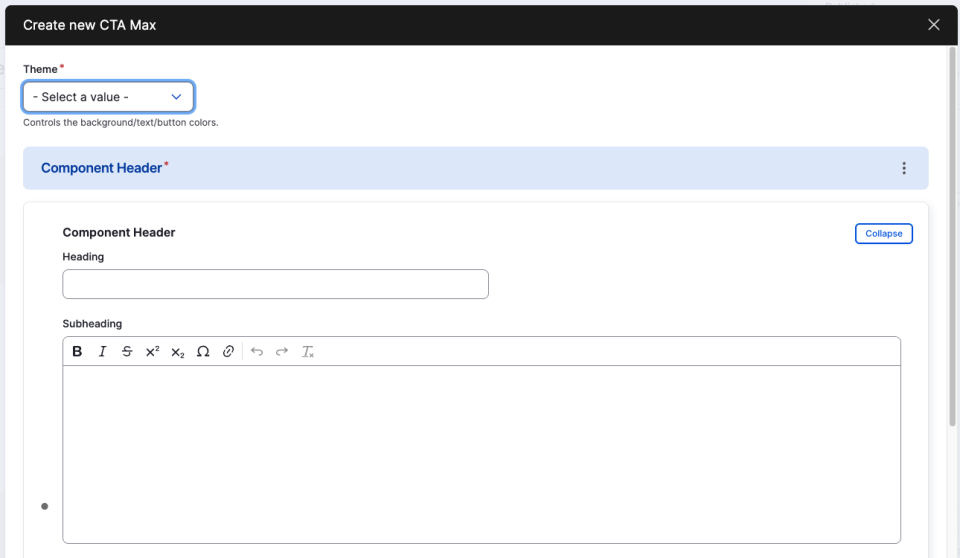 Screenshot of CTA Max component showcasing the theme selection dropdown and component header options