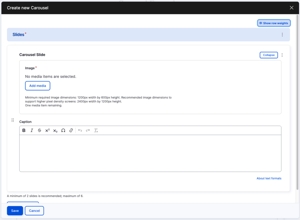 Screenshot of the Carousel component showing where the add media button, caption field, and save button are located. 