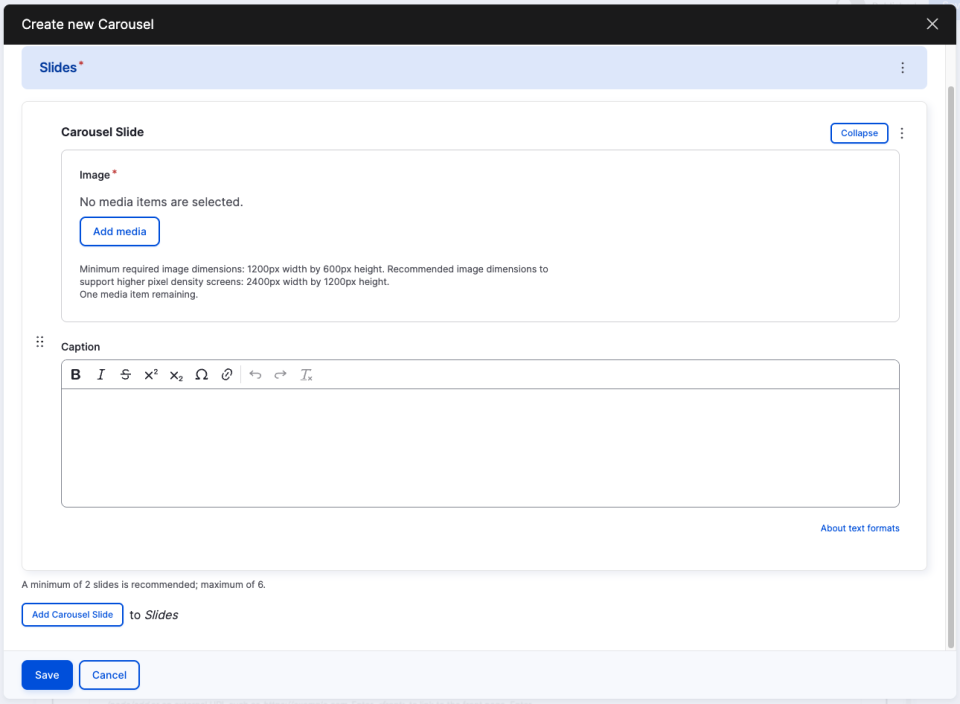 Example of carousel component with 'add additional slides' button and 'save' button in view