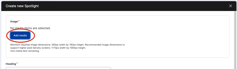Example of the 'add media' button in the spotlight component