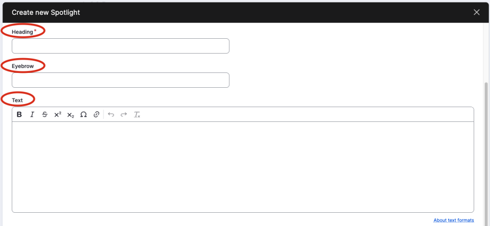 Screenshot of the spotlight component highlighting where to add the heading, subheading, and text for the introduction section above the accordions within the spotlight component.