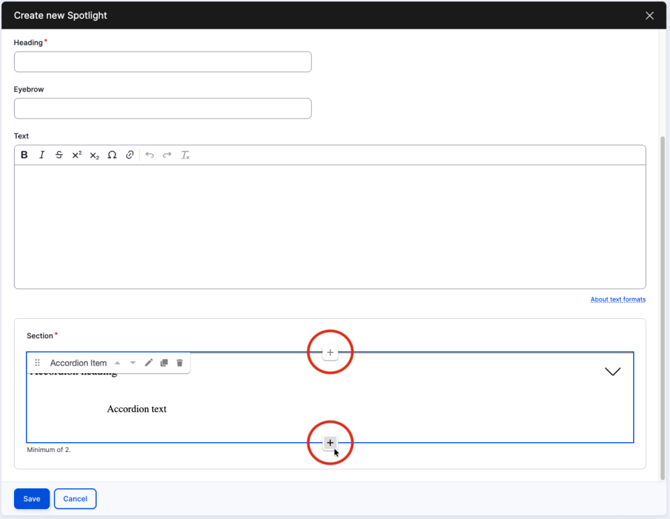 Screenshot of spotlight component and showcasing how to add an accordion item to the component