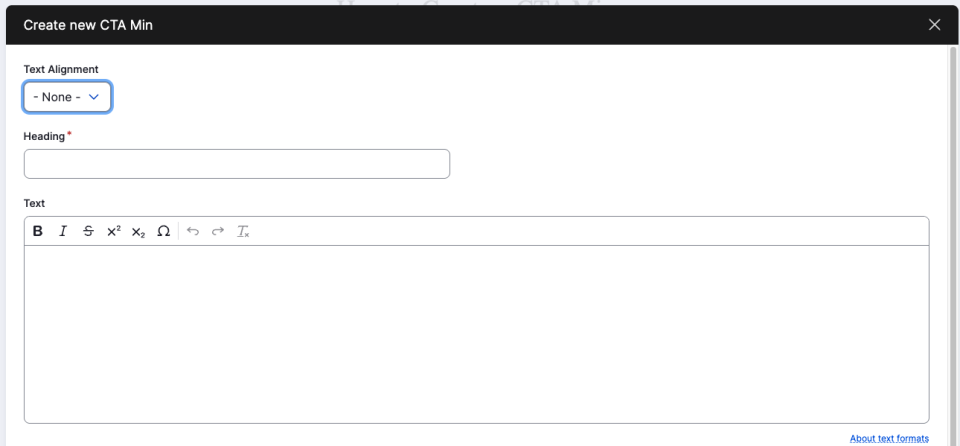 Screenshot of the CTA Min component editor showing the text alignment dropdown, heading, and text field. 