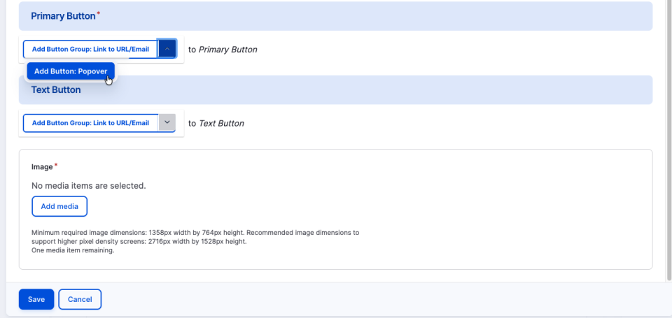 Screenshot of the button and image form fields within the CTA Min component editor