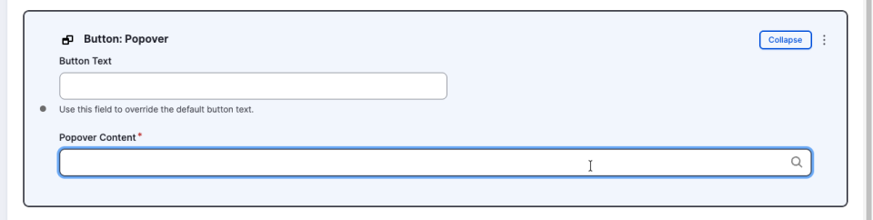 Screenshot of the popover component editor showing the heading and link field