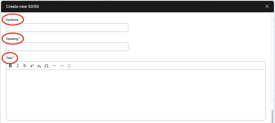 Screenshot of 50/50 component highlighting where to enter eyebrow, heading, text