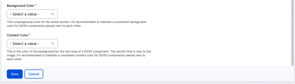 Screenshot of 50/50 component to highlight background color and content color selection options