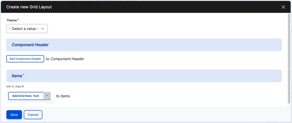 Screenshot of grid component editor options showing the theme selector, component header button, and add item buttons