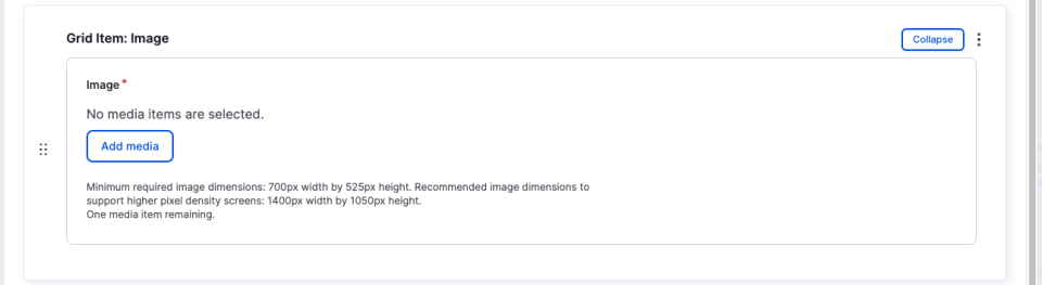 Example of image grid item editor settings showing the 'Add Media' button