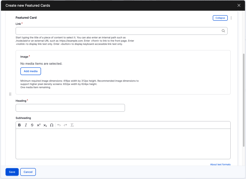 Screenshot of featured card editor showcasing the image, big text, and small text fields