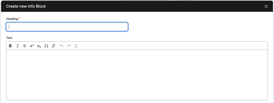 Screenshot of info block editor showcasing the heading and text