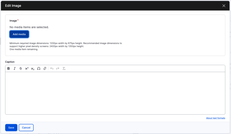 Screenshot showcasing the Image editor and the button to upload an image and add a caption