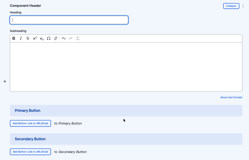 Screenshot of the Component Header editor listing the heading, subheading and button options