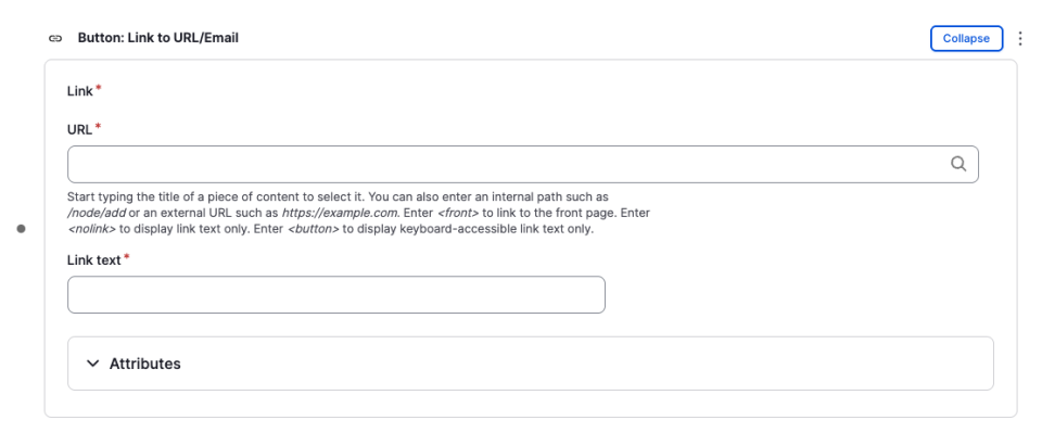 Screenshot of add a button settings showing the URL and Link Text fields