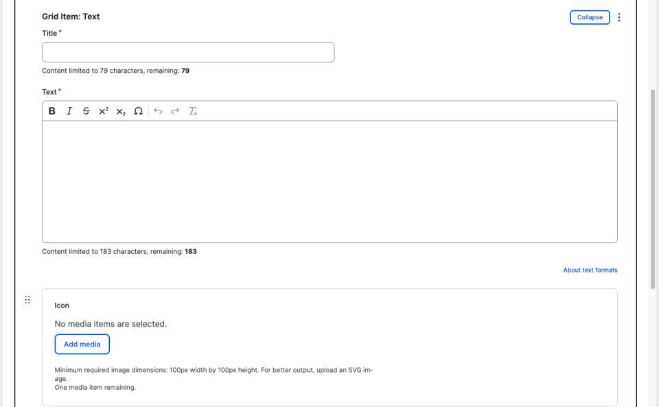 Screenshot of Grid Item text editor settings showing the title, text, and media options