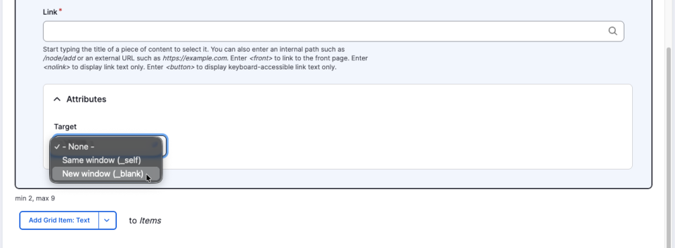 Screenshot of the grid item text editor settings highlighting the link and attribute settings