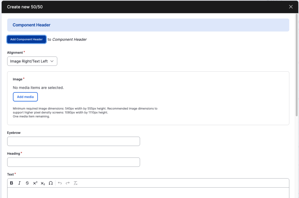 Screenshot of the 50/50 component editor showing the component header, text, and image settings