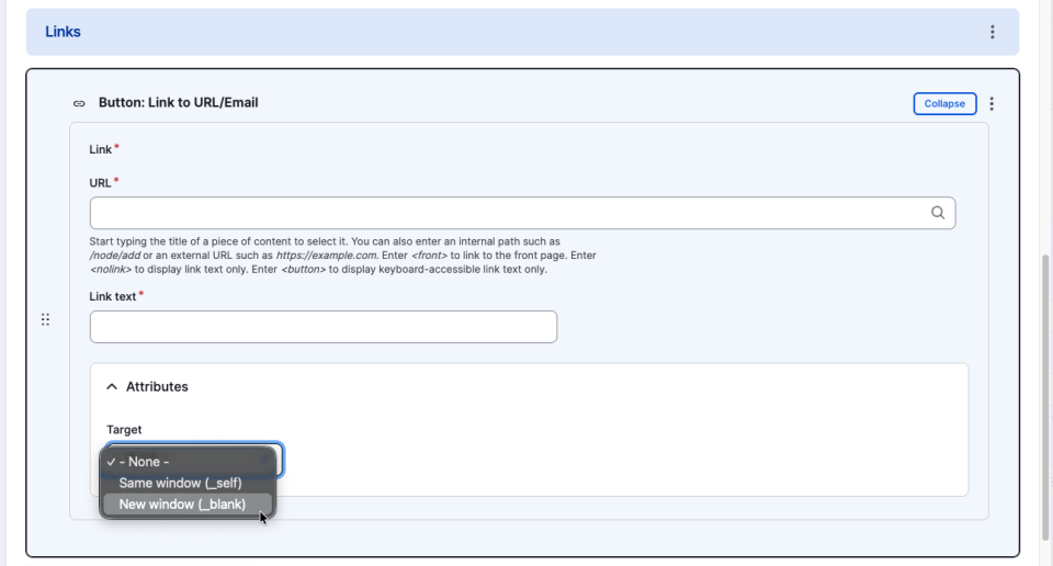 Screenshot of Grid Layout editor showcasing the add a link settings
