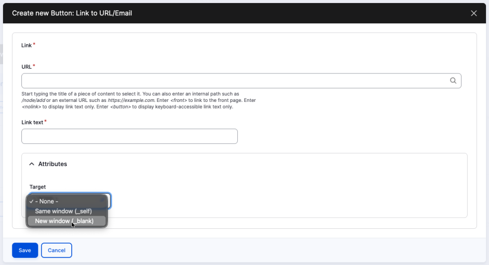 Screenshot of the Button: Link to URL/Email editor settings
