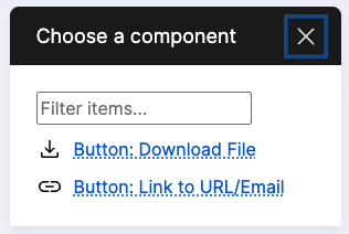 Screenshot of button link component options: download file or URL