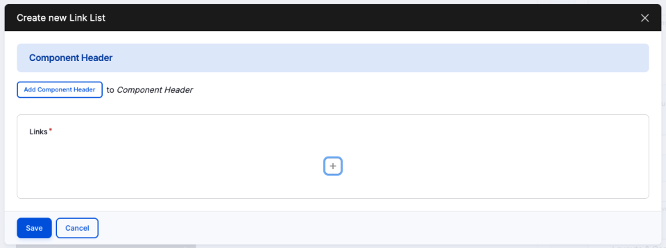 Screenshot of the Link List editor with the component header button and item area
