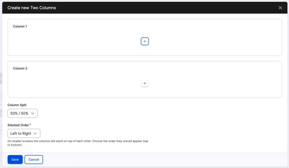 Screenshot of the two column component showing the editor options