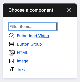 Screenshot of the available components within a two column component layout