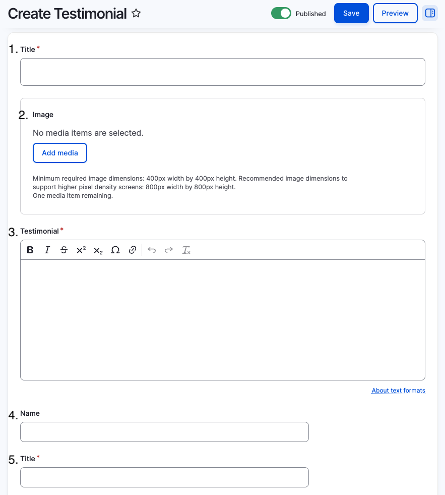 Screenshot of testimonial content type showcasing the content editor fields