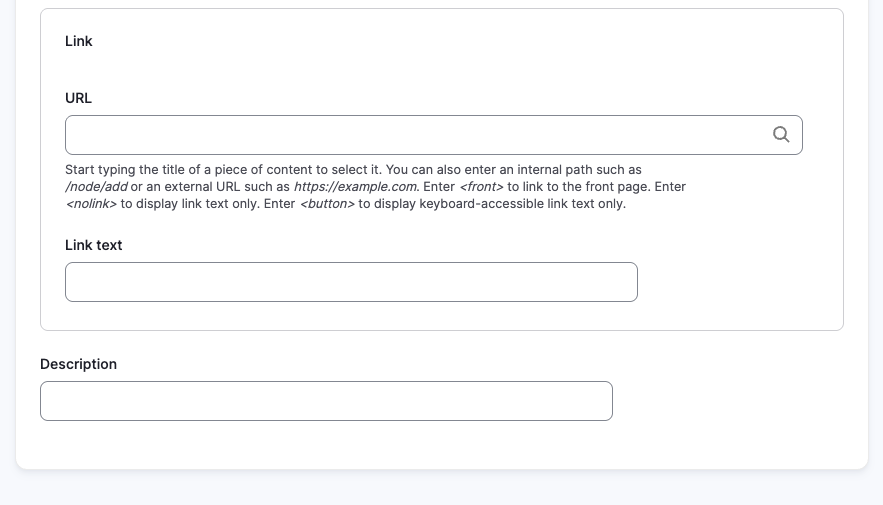 Screenshot of URL and Link text fields within the testimonial content type editor