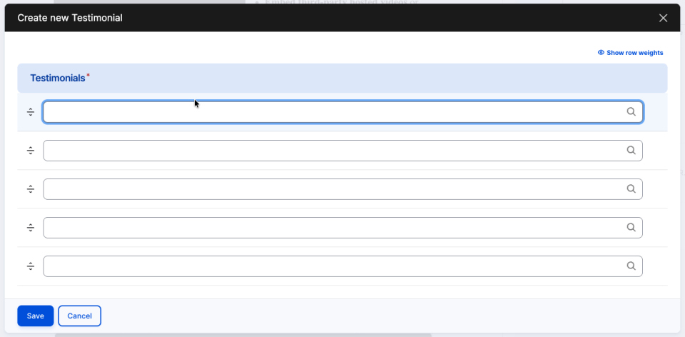 Screenshot of testimonial component editor showing the fields to enter name of testimonials to add