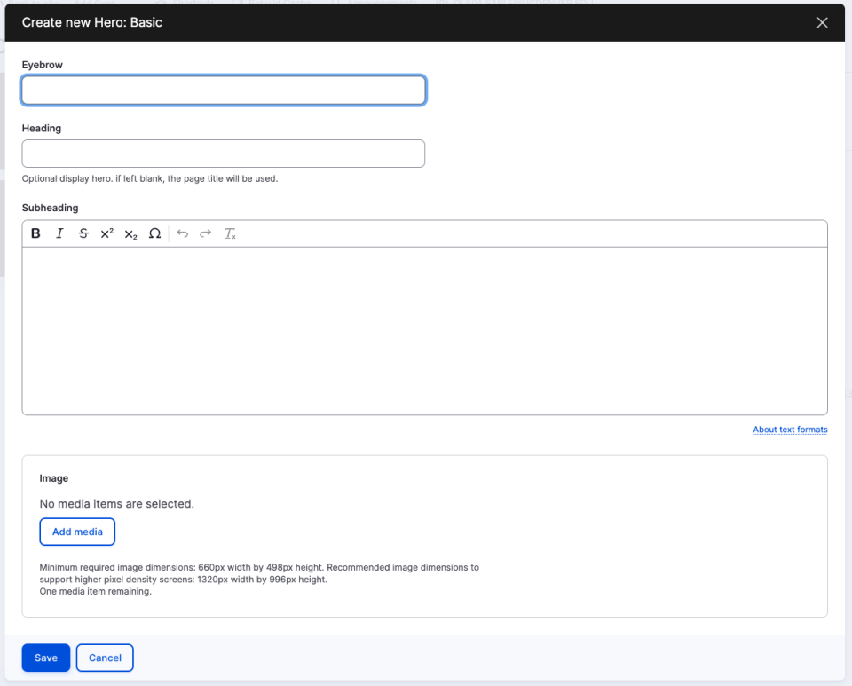 Screenshot of basic page hero component settings